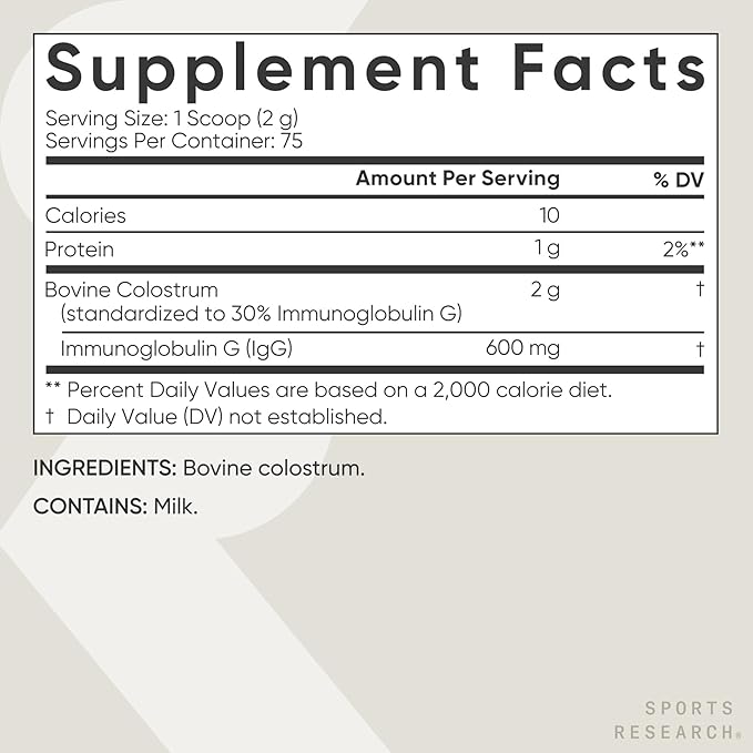 Sports Research® Bovine Colostrum Powder – Easy to Mix, Single Ingredient Superfood – Immunity Support & Gut Health w/IgG Antibodies - U.S. Sourced · Non-GMO · Gluten Free - 75 Servings (Unflavored)