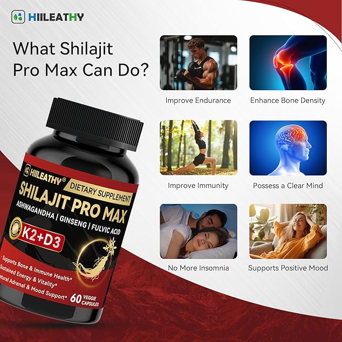 Shilajit for Men Women, Shilajit w/Vitamin D3 K2, Shilajits for Men w/Fulvic Acid Ashwagandha Ginseng Root, Shilajits for Extra Power Stamina Immune Support, Non-GMO Made in US 60 Capsules