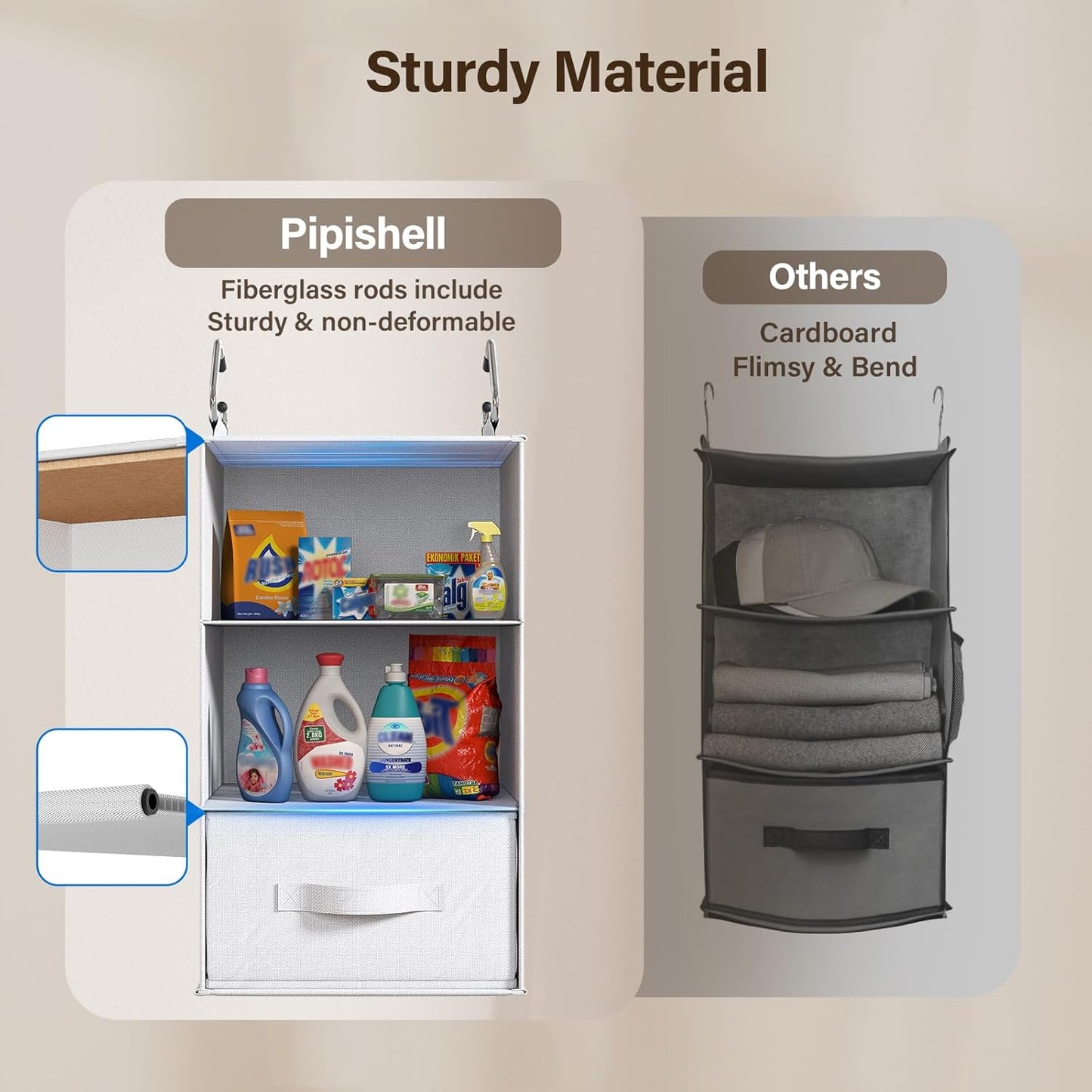 Pipishell 6-Shelf Hanging Closet Organizer, Hanging Shelves with 2 Separable 3-Tier Shelves, Closet Shelves Organizer with 3 Removable Drawers for Bedroom, Dorm Room, Camper and Nursery (White)