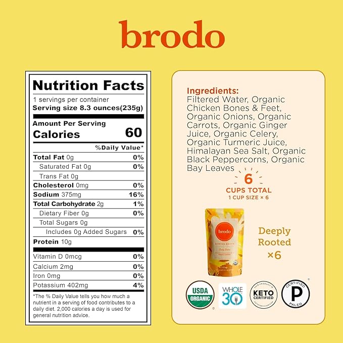 Brodo Organic Chicken Bone Broth, Protein-Rich Bone Broth with Collagen, Nourishing Chicken Broth Low Sodium for Sipping and Cooking, Slow-Simmered for Deep Flavor, (4x 25 oz. Pouches)