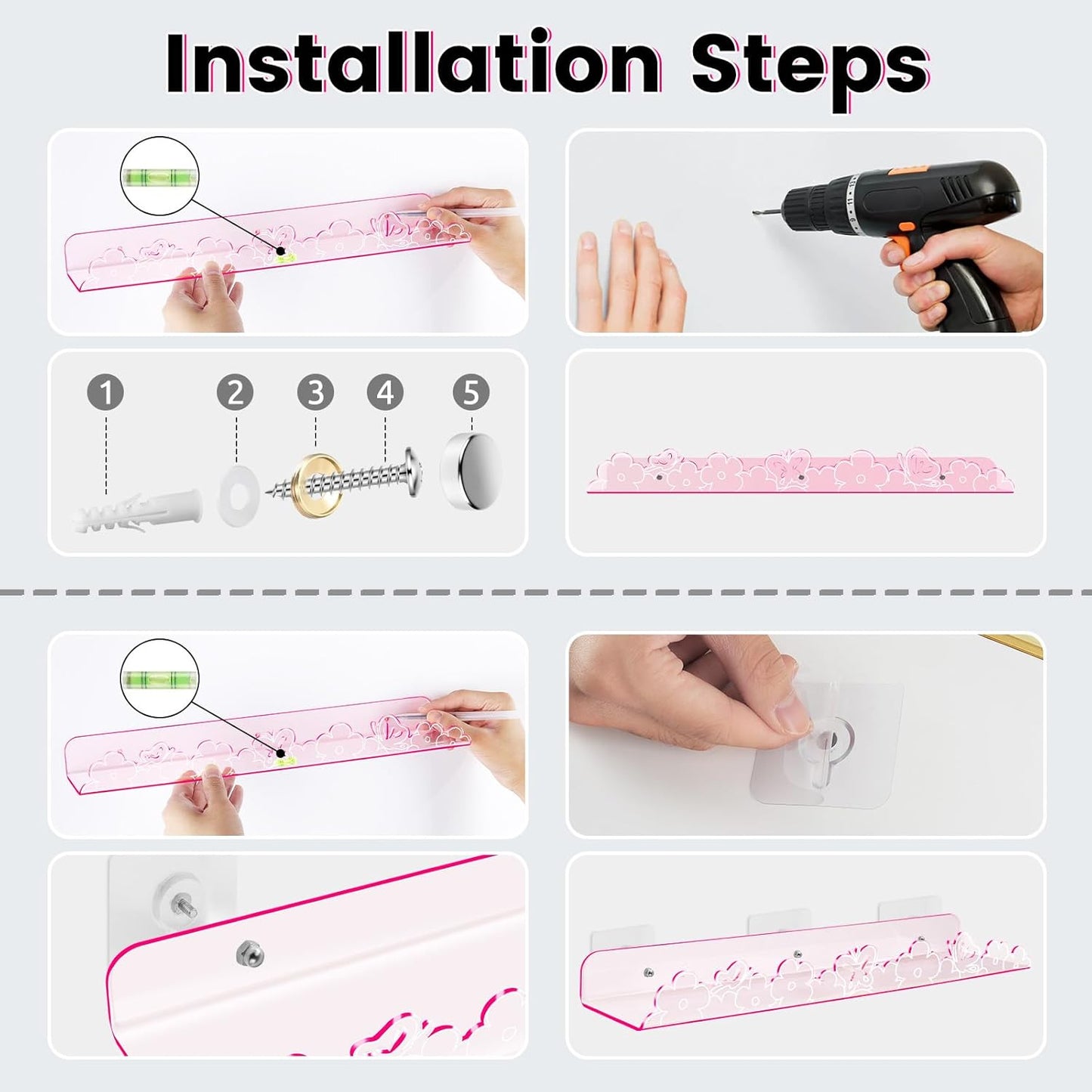 Floating Shelves for Wall,4 Pack 15.7’’x 3.5’’Adhesive Acrylic Shelves Organizer for Book Toy Photo Makeup,Wall-Mounted Kids Storage for Bathroom,Bedroom,Nursery,Pink Butterfly