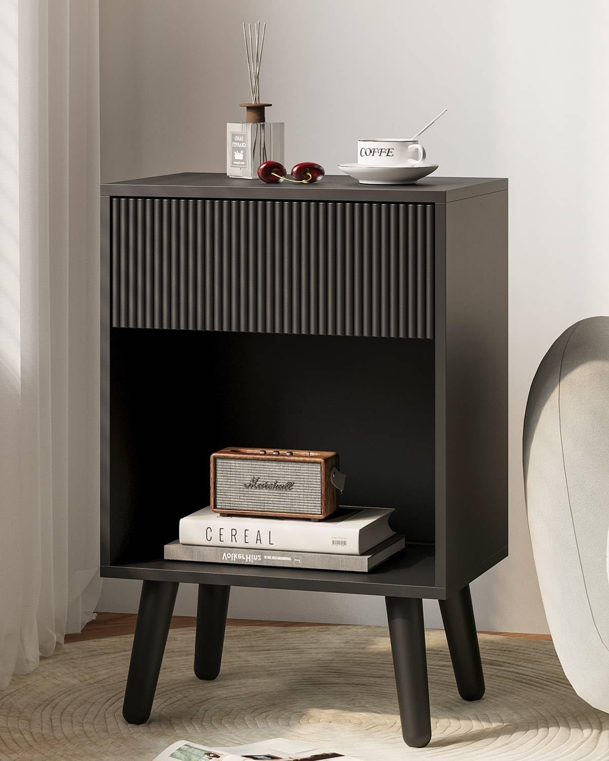 Nightstand, Modern Bedside Table with Storage Drawers and Open Wood Shelf, Night Stand with Solid Wood Legs, End Tables Side Tables for Living Room, Bedroom Black