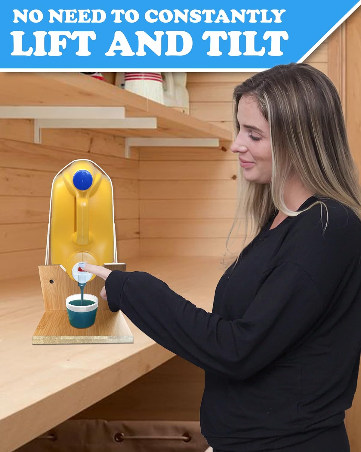 TidyFriend Laundry Detergent Dispenser with Tray & Strap, Laundry Soap Dispenser with Non-Slip Rubber Feet for Washing Room Organization, Easy Pour (Wood)