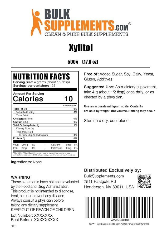 BulkSupplements.com Xylitol Powder - Natural Sugar Substitute & Sugar Alternative - Sweetener For Baking & Cooking, Gluten Free - 4g per Servings, 125 Servings (500 Grams - 1.1 lbs)