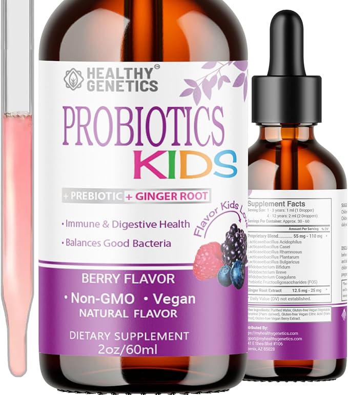 Liquid Probiotics for Kids & Toddlers | + Prebiotic + Ginger Root | Acidophilus Probiotic | Dairy Free | Vegan | Non-GMO | Gluten Free | 30-60 Servings