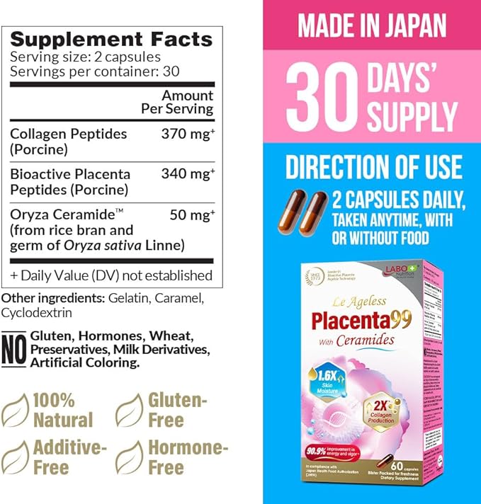 LABO Nutrition Le Ageless Placenta 99 with Ceramides -Placenta Supplement with Collagen Peptides, Oryza Ceramides-Skin Regeneration, Hydration, Anti-Aging Wrinkle Support, Immune Health, 60 Capsulesx3