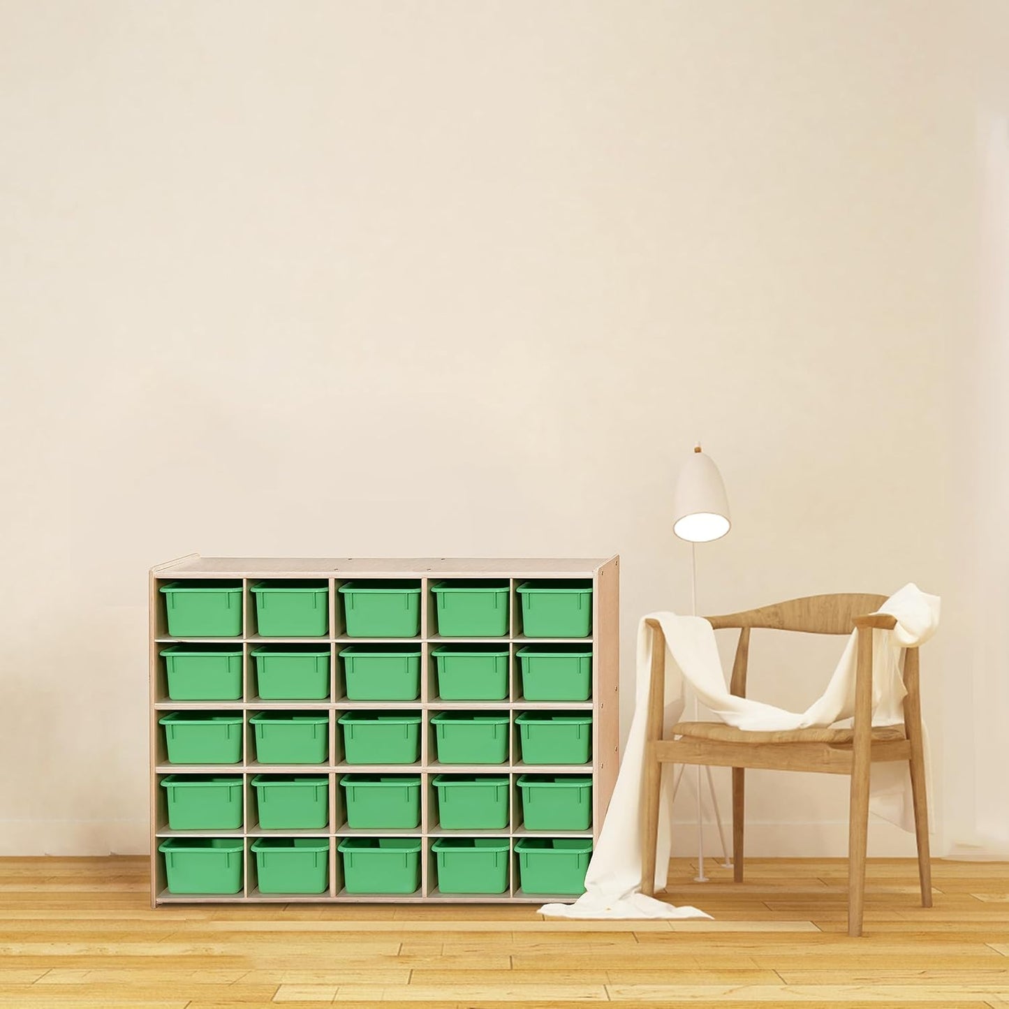 Contender Birch 25 Cubby Tray Cabinet with Lime Green Color Bins, Storage Organizer for Toddlers, Shelving Units for Daycare, Nursery, Homeschool [ Fully Assembled ]