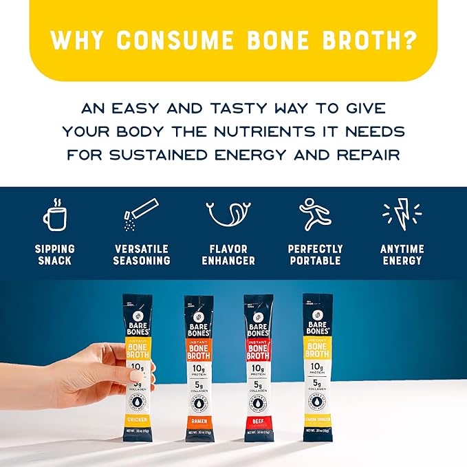 Bare Bones Bone Broth Instant Powdered Mix | 4 Beef 4 Chicken 4 Ramen 4 Lemon Ginger | Non-GMO Gluten-Free Dairy-Free Keto & Paleo Friendly | 15g Sticks 10g Protein | Variety Pack | 16 Pack