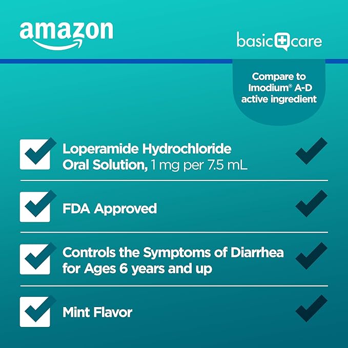 Amazon Basic Care Loperamide Hydrochloride Oral Solution, 1 mg per 7.5 ml, Anti-Diarrheal Medicine, Anti-Diarrhea Medicine For Kids and Adults 12 Years and Over, Mint, 8 fl oz (Pack of 1)