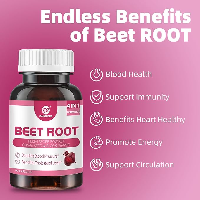 Beet Root Capsules 24000mg with Grape Seed Extract, Beetroot Supplement 4 in 1 with Reishi Mushroom, Black Pepper to Support Circulation, 90 Rapid Release Capsules