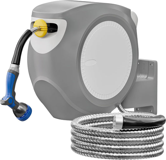 SPECILITE Retractable Garden Hose Reel 65 FT 1/2", 304 Stainless Steel Water Pipe, 3x Life, Leak-Proof, UV & Freeze Resistant, Automatic Rewind & Any Length Lock, Wall Mount Hose Reels for Outside