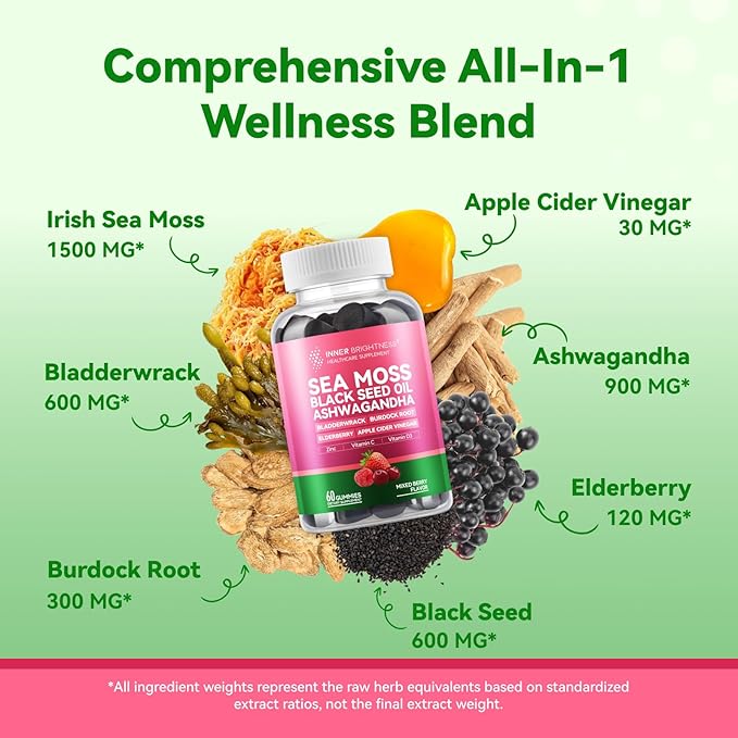 Sea Moss 4000mg Gummies with Ashwagandha, Elderberry, Apple Cider Vinegar, Bladderwrack, Burdock Root – Immune Support – Mixed Berry Flavor – 60 Count