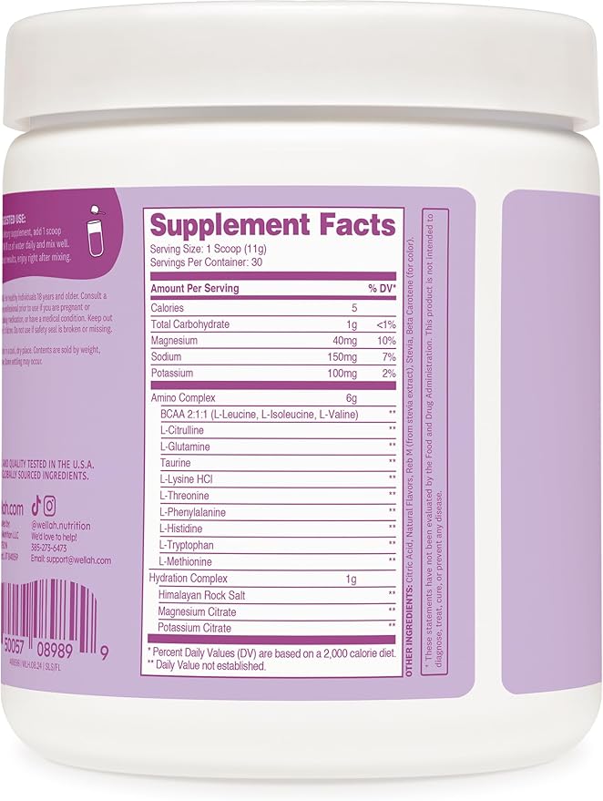 Wellah So Long Soreness BCAA Powder (Frozen Lemonade Flavored) 30 Servings - with Hydration Complex