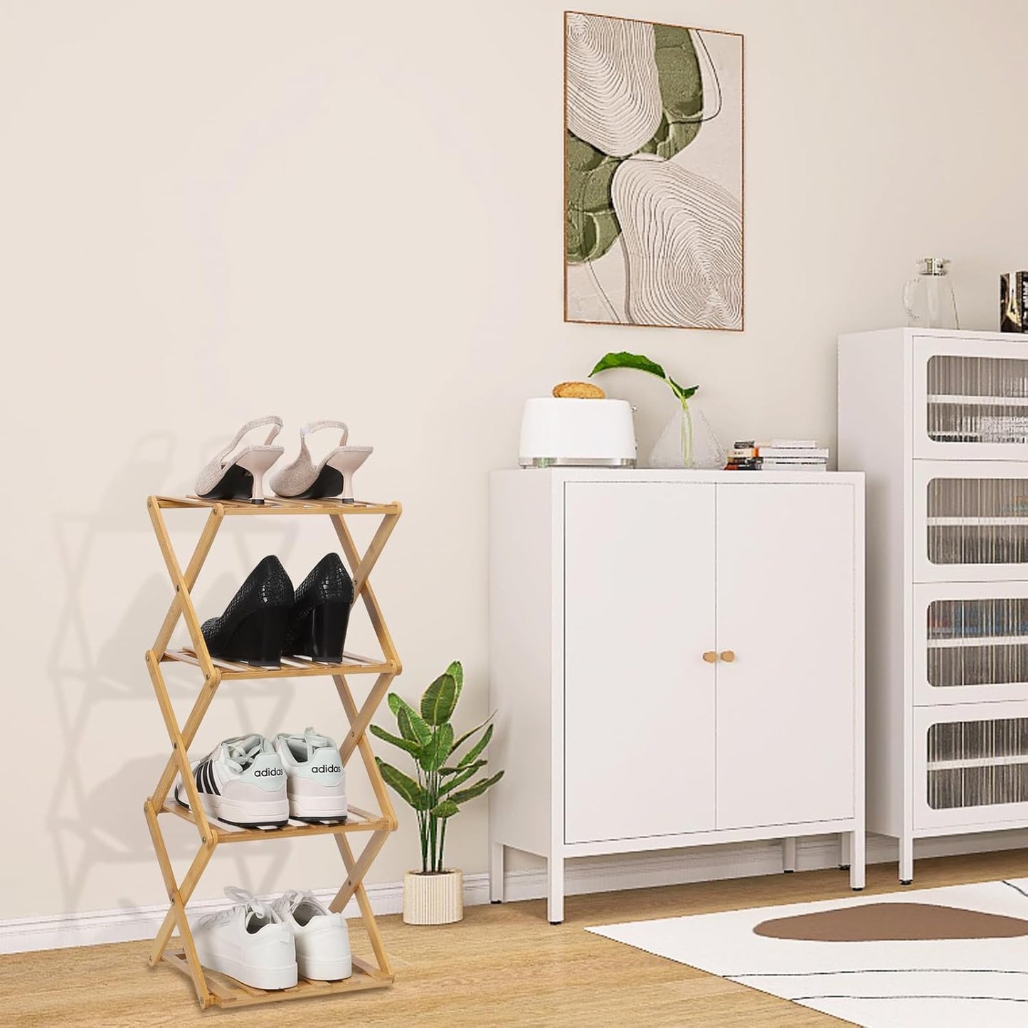 Bamboo Shoe Rack 4 Tier Foldable Shoe Rack Vertical Bamboo Shoe Organizer Free Standing Shelf for Entryway, Closet, Bedroom, Wood Color