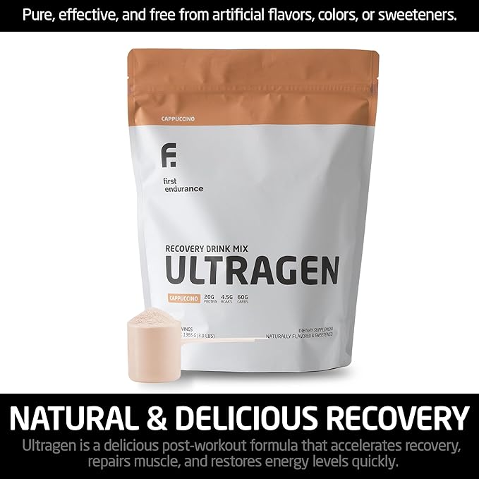 FIRST ENDURANCE Ultragen Workout Recovery Drink Powder, Protein Mix, Boosts Energy, Accelerates Recovery | Cappuccino, 15 Servings