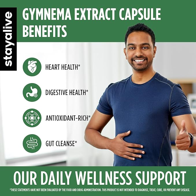 STAY ALIVE Gymnema Sylvestre 25:1 Extract, 120 Capsules with Bitter Melon, Ceylon Cinnamon, Berberine, Turmeric, Ginger, Amla Powder and Fenugreek, Non-GMO & Gluten Free Gymnema Sylvestre Supplement
