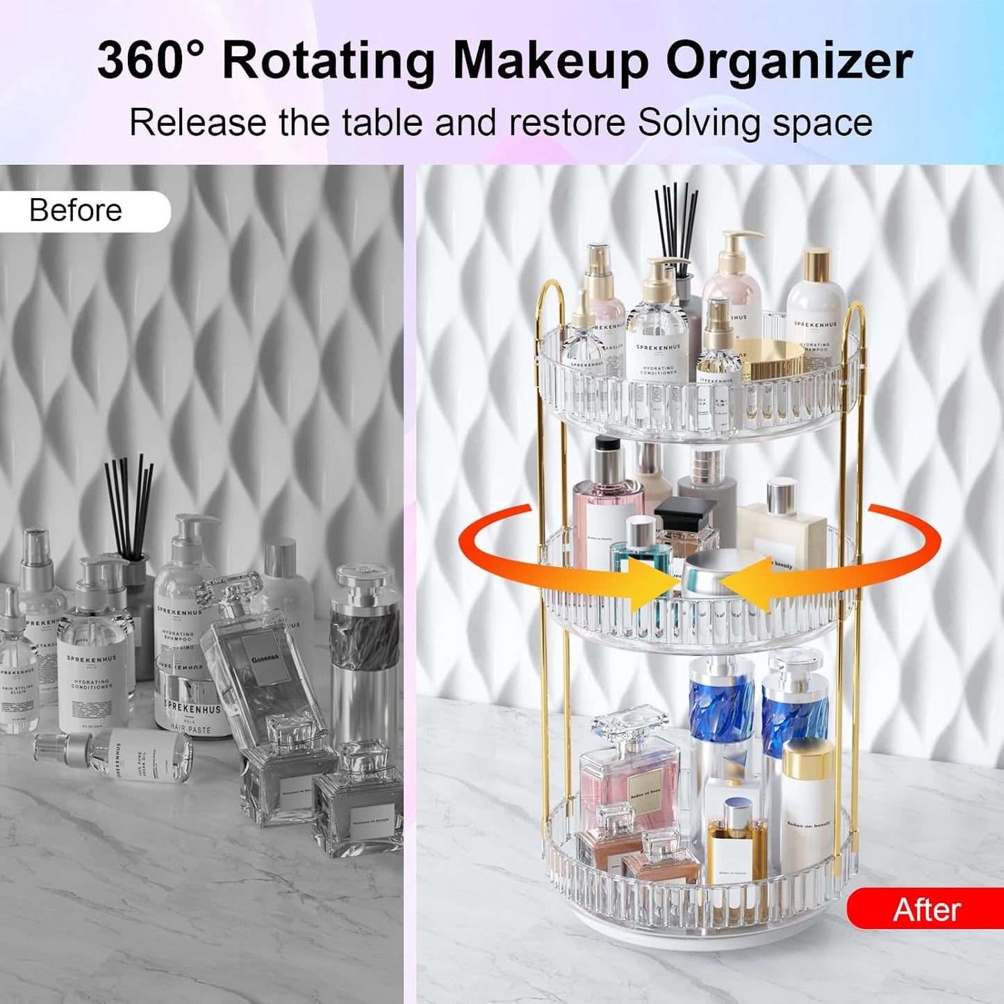 GTI 360°Rotating Makeup Organizer, 3 Tier Large Capacity Perfume Cosmetics Skincare Vanity Organizers,Bathroom Counter Organizer, Dresser Spinning Countertop Organizer and Storage for Women (Clear)