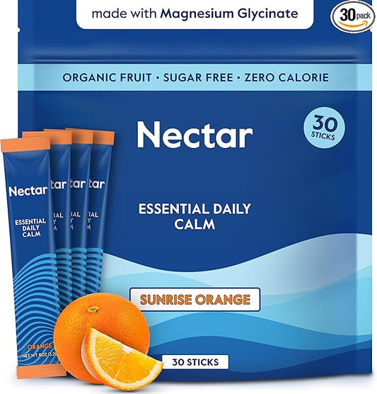 Nectar Calm Magnesium Glycinate Drink Mix - Sugar Free & Zero Calorie - with Organic Ashwagandha, Vitamin D, L-Theanine, Hydrating Electrolytes - Relax, Focus & Calm - Non-GMO (Orange 30 Sticks)