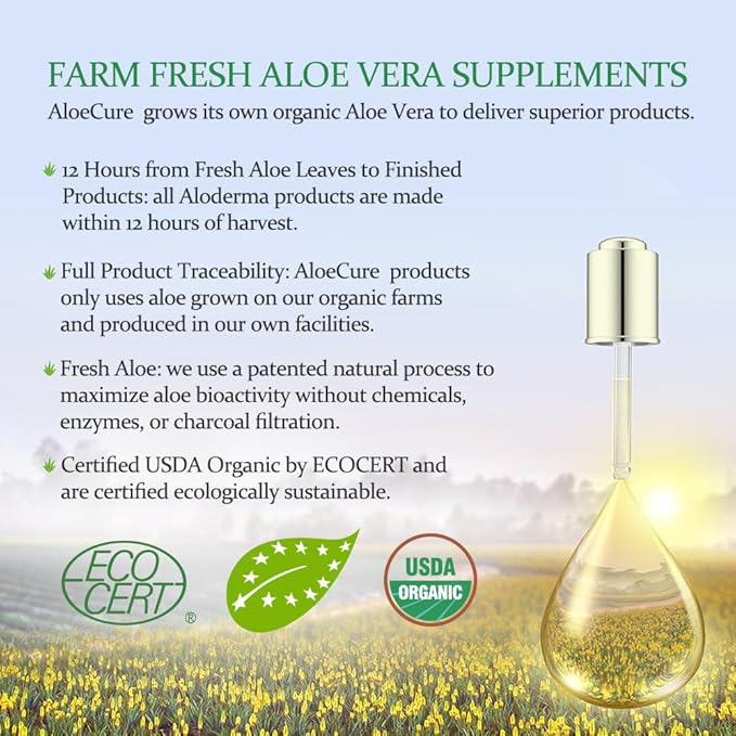 AloeCure USDA Organic Aloe Vera Juice Made Within 12 Hrs of Harvest - Pure Aloe Juice Natural Digestive Supplement to Support Digestion, Immune System and Balanced Stomach Acidity, 12 x 500ml Bottles