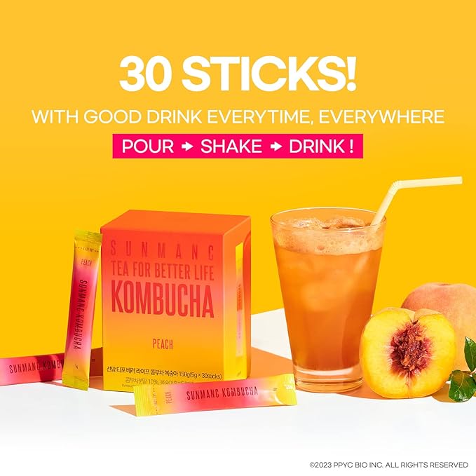 SUNMANC Kombucha 30 packets, Sparkling Probiotic Fermented Drink, Convenient Powdered Drink Mix, Tea Powder, Low Calories, Sugar 0g, Low Caffeine (Peach)