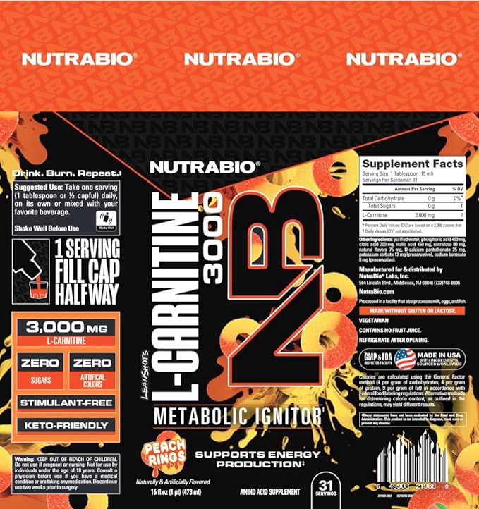 NutraBio – L-Carnitine Liquid Shots – 3000mg, (Peach Rings) – 10mg of Vitamin B-5 – Zero Carbs & Sugars – Energy Production – Muscle Recovery