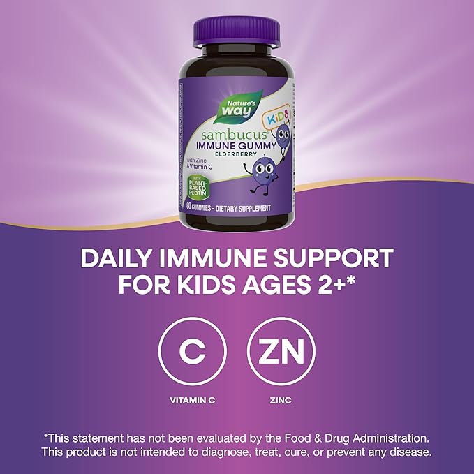 Nature's Way Sambucus Elderberry Immune Gummies for Kids with Black Elderberry Extract, Vitamin C and Zinc, Immune Support Gummies*, 60 Count (Set of 3)