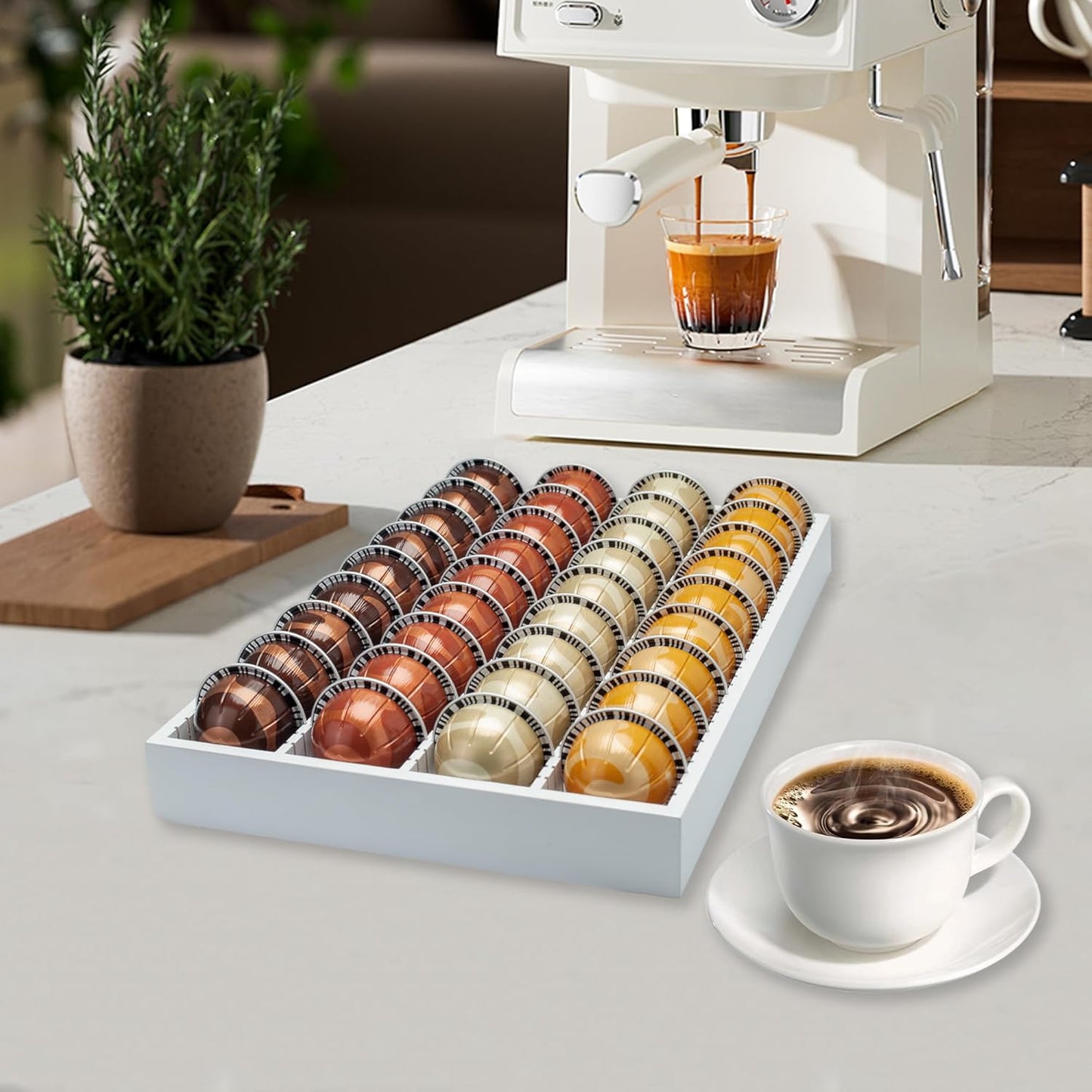 MinBoo Bamboo Coffee Pod Storage Holder Drawer Insert for Counter Compatible with Vertuoline Capsules for Kitchen, Home, Office, Coffee Station,white