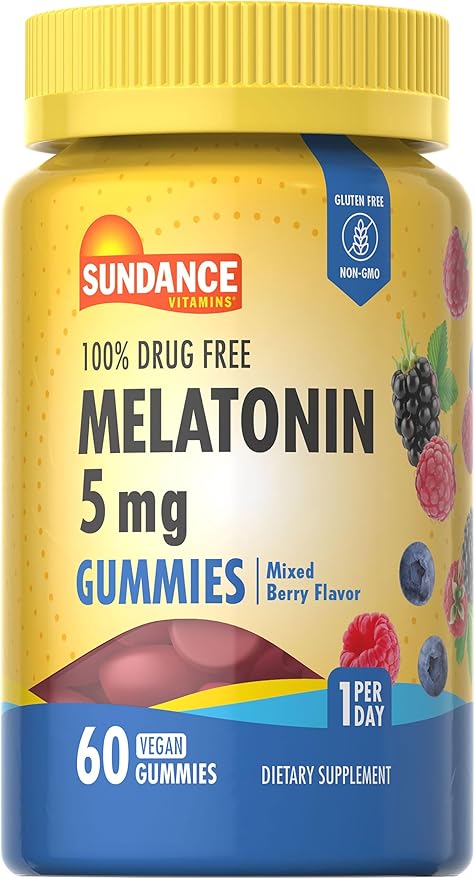 Sundance Melatonin Gummies 5mg | 60 Count | Mixed Berry Flavor | Vegan, Non-GMO & Gluten Free Supplement for Adults