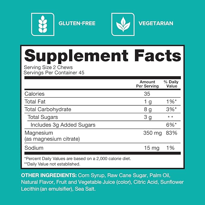 Qunol Magnesium Citrate Soft Chews, 350mg Extra Strength Magnesium Supplement, High Absorption to Support Nerve, Bone and Muscle Health, 90 Count