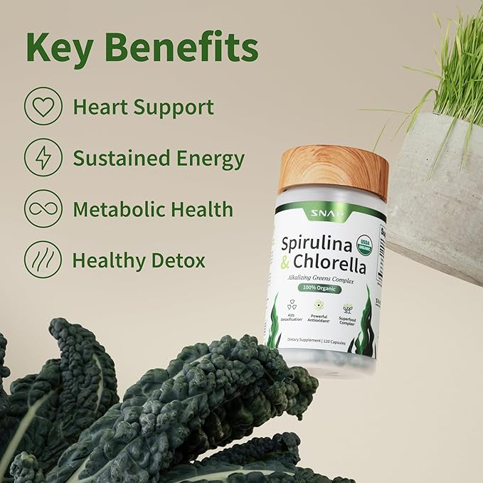 Snap Supplements Organic Spirulina and Chlorella Capsules, Chlorophyll and Protein Rich Blue Green Algae Superfood Supplement for Energy and Immune Support, Vegan, Non GMO, Greens Blend, 120 Capsules