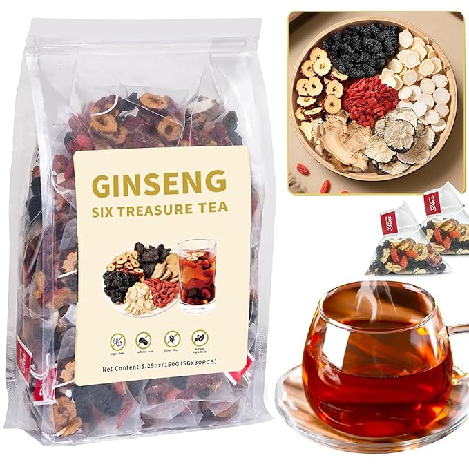 Kidney Tea -Ginseng Six Treasure Tea Kidney Cleanse Detox for Men & Women, Ginseng & Mulberry Herbal Tea Bags for Wellness, Detox & Vitality,1Pack/30 Bags（5g/bag）