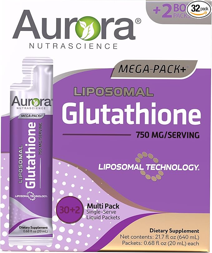 Aurora Nutrascience Mega-Liposomal Liquid Glutathione, Immune & Antioxidant Gut Health Support Supplement, 750 mg per Serving, Non-GMO, Sugar-Free, 32 Single Serve Packets