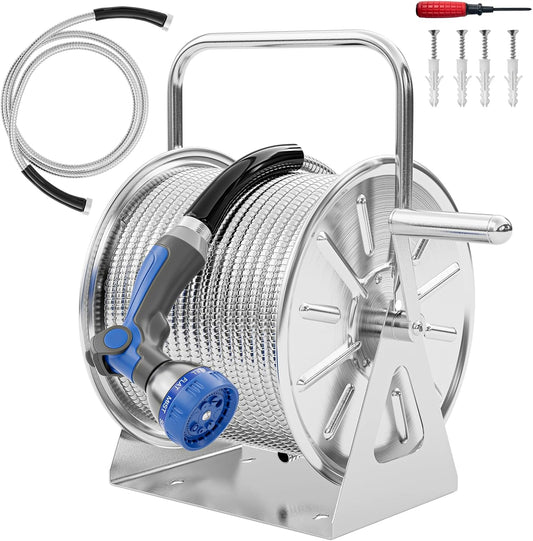 SPECILITE Stainless Steel Garden Hose Reel with 100FT Drinking Water Hose and 6.2FT Leader Pipe, Wall/Floor Mounted Metal Spool with Crank Handle, UV Resistant for Outside, Yard, Patio