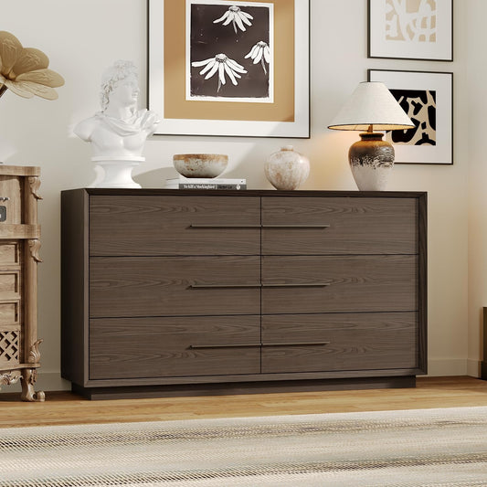 Bedside Table with 6 Drawers, Modern Side Table, Wide Nightstand, Wooden Bed Side Tables, Wood Grain Floor Storage Organizer with Metal Handles for Sofa Couch Bedroom, Dark Brown