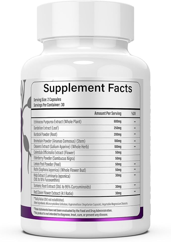 Lymphatic Drainage Supplements, 1540mg Lymph System Support Supplement for Women & Men with Dandelion, Burdock, Echinacea,Rutin, Turmeric,Cleavers & More, 60 Capsules
