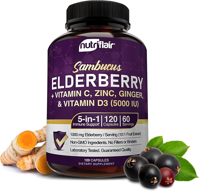 NutriFlair Sambucus Elderberry, 120 Veggie Capsules - 5 in 1 Immune Support and Antioxidant Supplement with Vitamin C, Vitamin D3 5000 IU, Zinc, Ginger, Black Dried Elderberry Pills - 2 Month Supply