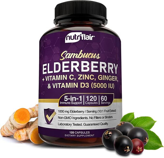 NutriFlair Sambucus Elderberry, 120 Veggie Capsules - 5 in 1 Immune Support and Antioxidant Supplement with Vitamin C, Vitamin D3 5000 IU, Zinc, Ginger, Black Dried Elderberry Pills - 2 Month Supply