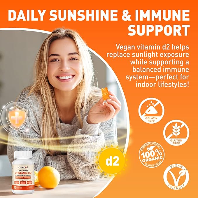 Vitamin D2 Gummies 2000 IU, Plant-Based D2 Vitamin Ergocalciferol Supplement from Whole Mushroom, Bone, Muscle, Teeth & Immune Support, Daily Sunshine Supply, Vegan, Non-GMO, Orange, 60