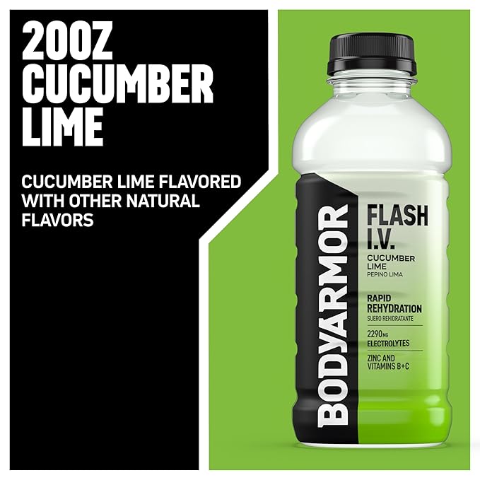 BODYARMOR Flash I.V. Electrolyte Beverage, Cucumber Lime, Hydration Drink with Coconut Water For Rapid Rehydration, Post Workout Recovery, 20 Fl Oz (Pack of 12)