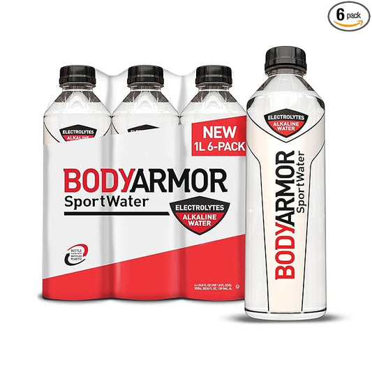 BODYARMOR SportWater Alkaline Water, Superior Hydration, High Alkaline Water pH 9+, Electrolytes, Perfect for your Active Lifestyle, 1 Liter (Pack of 6)