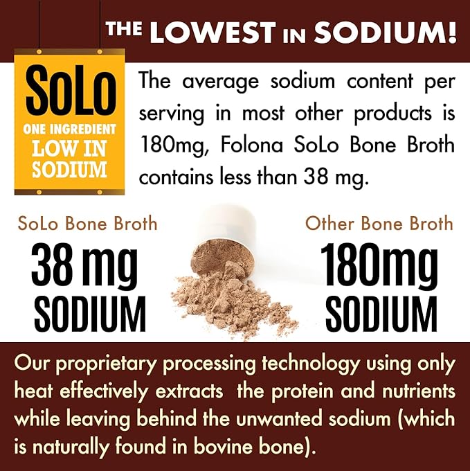 Solo Bone Broth Protein Collagen Powder Low Sodium, 16g Hydrolyzed Collagen Type I & III, for Healthy Skin, Nails, Hair, Joints & Digestion, Grass Fed, 1 lb (Canister - Net Wt. 1 lb. Powder)