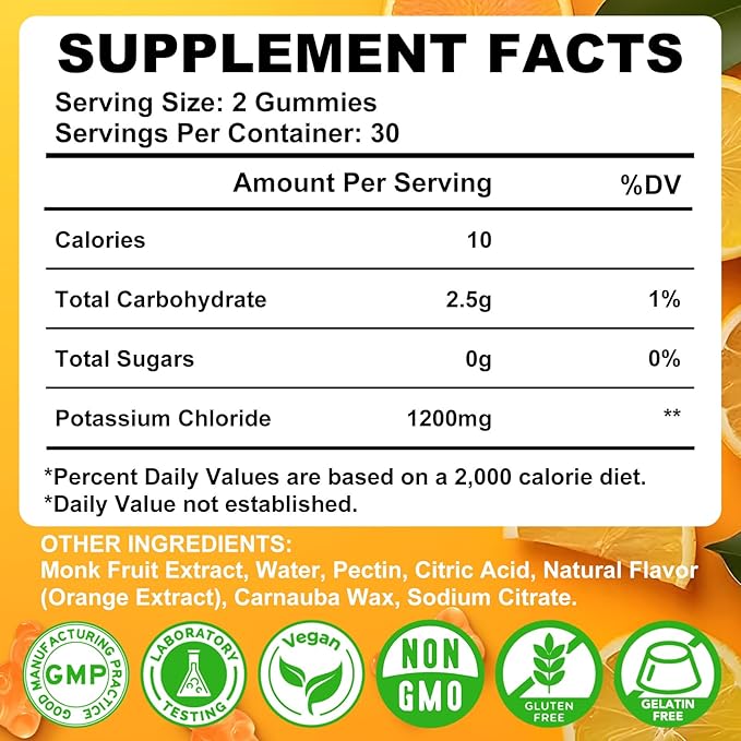 Potassium Gummies, Potassium Chloride 1200mg for Adults, Sugar-Free Potassium Supplement Gummies Support Electrolyte Balance & Leg Cramps for Women & Men, Orange Flavor, Vegan, 60 Count