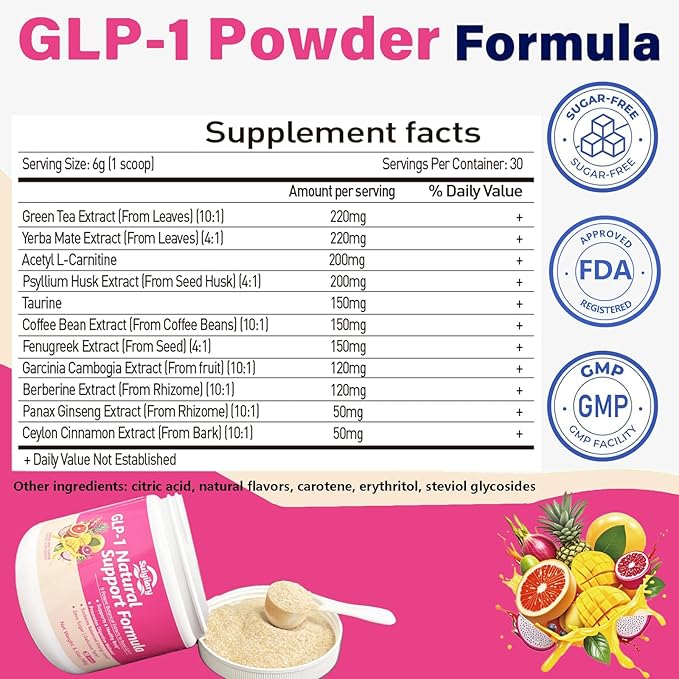 GLP-1 Booster Supplement Powder, Yerba Mate, Natural 9 Plant Extracts, Activate GLP-1 Production, Digestive Gut Healthy for Women Men, Sugar-Free Tropical Fruit Flavor, 30 Servings