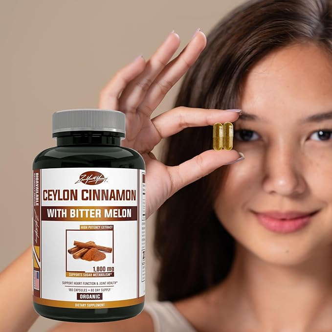 zyy Organic Ceylon Cinnamon Supplements with Bitter Melon 1830mg | Non-GMO Gluten-Free | Certified Organic Ceylon Cinnamon Powder Pills | Supports Blood Sugar & Heart Health | Antioxidant-180ct