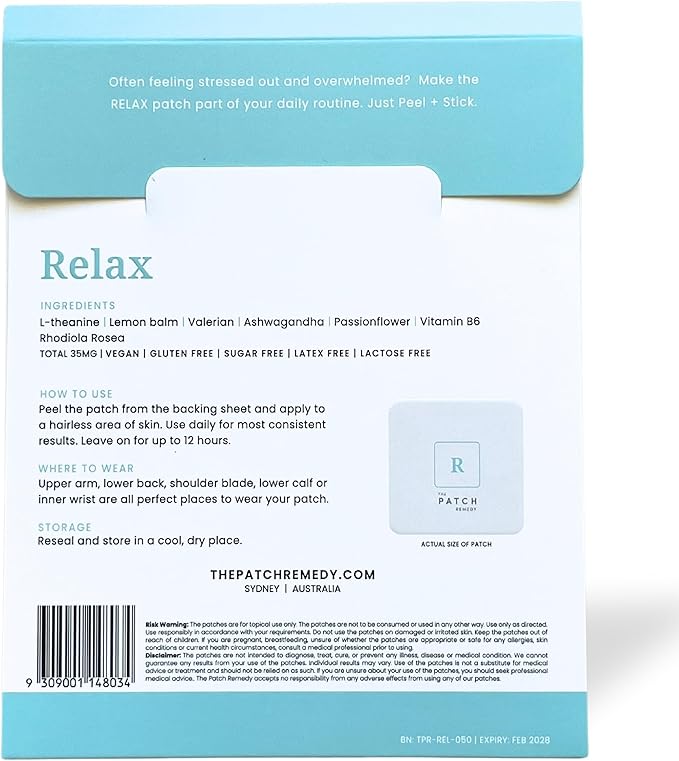 Relax Patch | L-Theanine, Lemon Balm, Valerian, Ashwagandha, Passionflower | 30 Patches