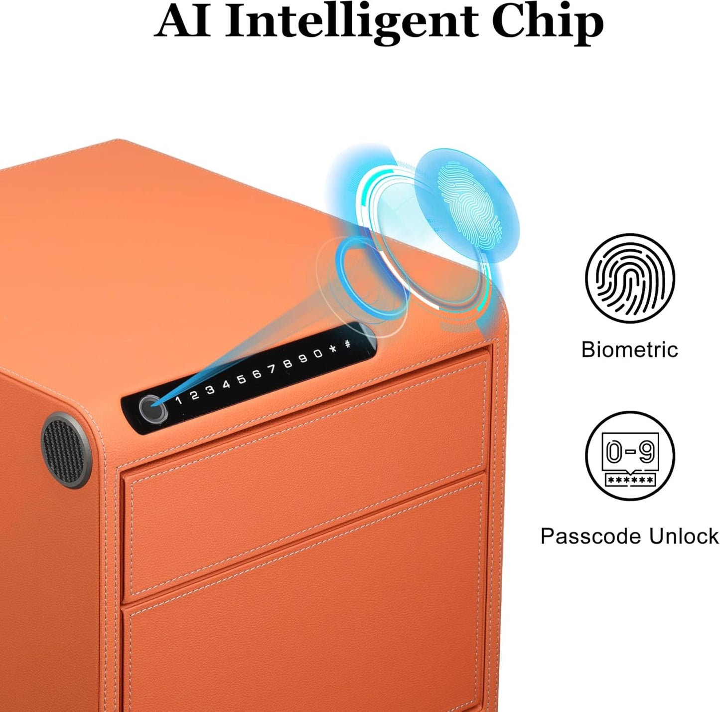 Jewelry Safe with Drawers，Biometric Fingerprint safe, Slide-Away Handgun Safe for Pistols, Leather Wrapped Jewelry Storage Safe, Digital Keypad & Quick-Access Drawer(Orange- 2 Drawer)