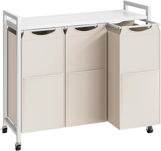 HOOBRO Laundry Sorter 3 Section, Laundry Hamper with Wheels, 3 × 11.5 Gal (43.4L), Rolling Laundry Basket, Pull-Out and Removable Oxford Fabric Bags, White WG76XY01