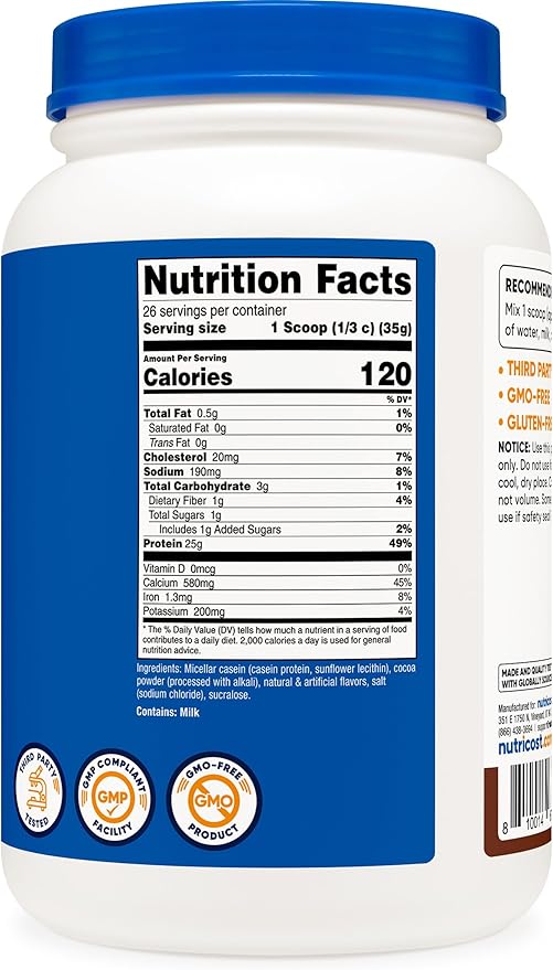 Nutricost Casein Protein Powder 2lb Chocolate - Micellar Casein, Gluten Free, Non-GMO