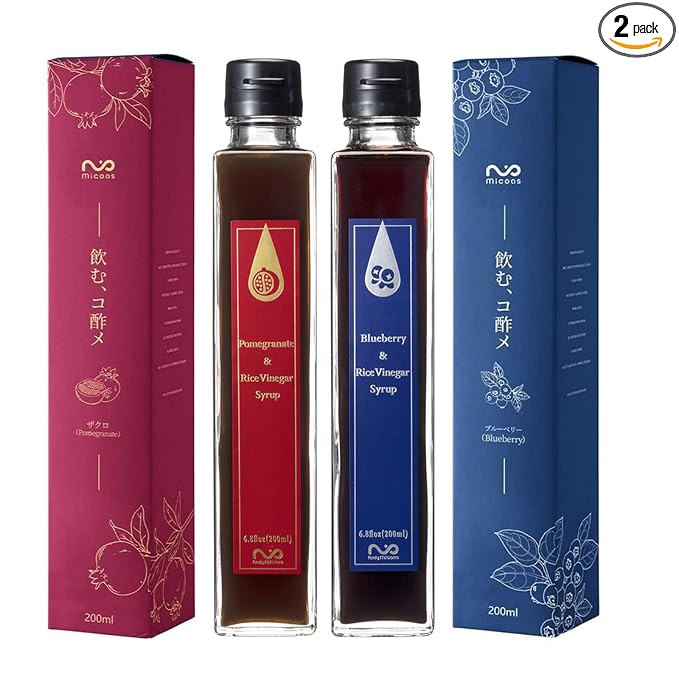 [Micoas] Pomegranate & Rice Vinegar Syrup, Blueberry & Rice Vinegar Syrup, Drinking Vinegar, Shrub, For Gift, Alternative to Alcohol Drink, With Kombucha , Gluten Free , Made in Japan, 200ml (6.8 oz), 2 Pack