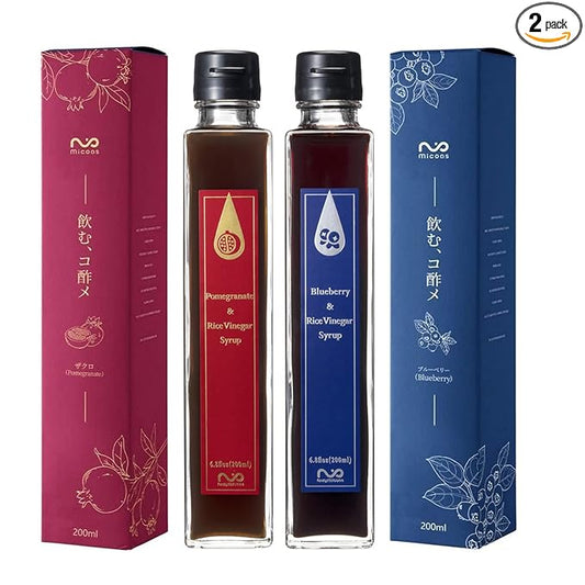 [Micoas] Pomegranate & Rice Vinegar Syrup, Blueberry & Rice Vinegar Syrup, Drinking Vinegar, Shrub, For Gift, Alternative to Alcohol Drink, With Kombucha , Gluten Free , Made in Japan, 200ml (6.8 oz), 2 Pack